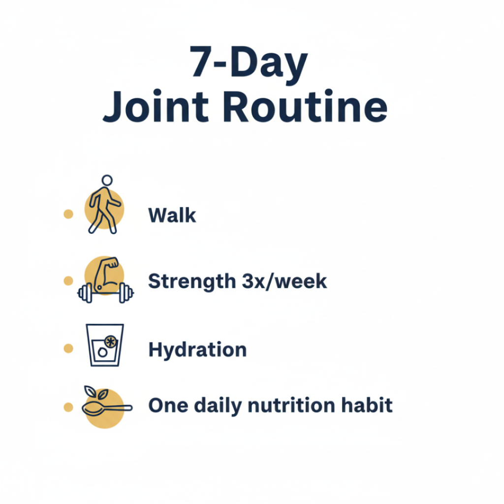 7-day joint routine checklist with walking, mobility, strength and daily nutrition habit