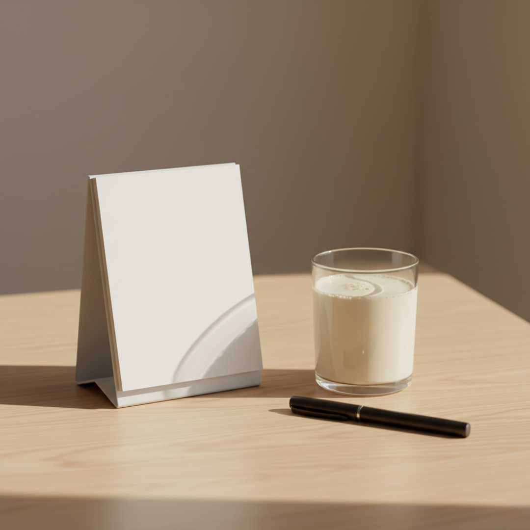 A glass of vanilla drink beside a simple calendar to represent a consistent daily routine.