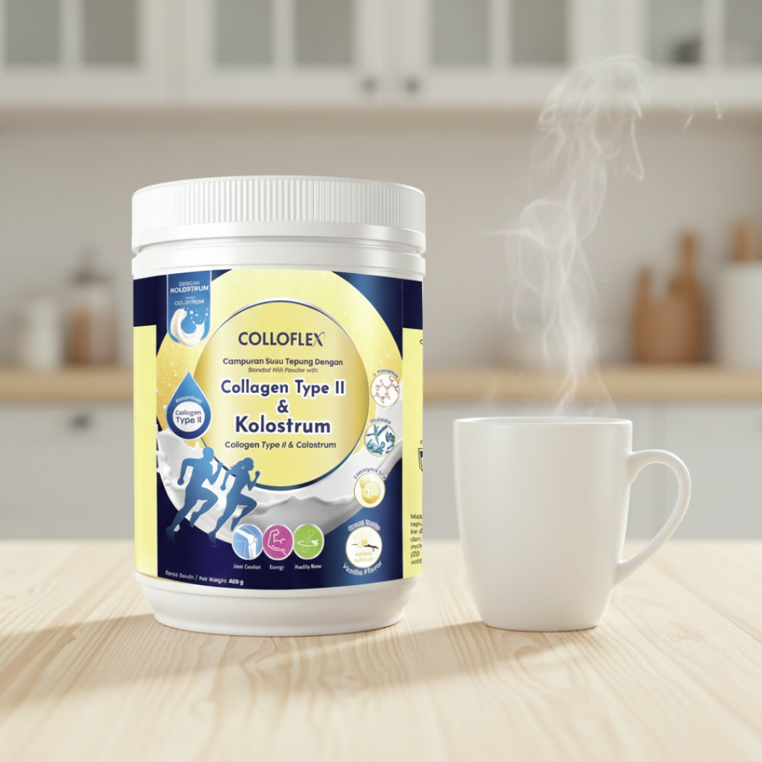 ColloFlex-style tub on a table next to a vanilla drink.