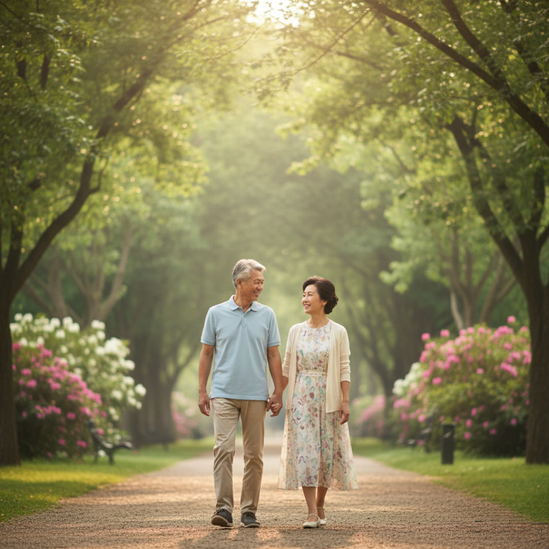 Active seniors walking outdoors.