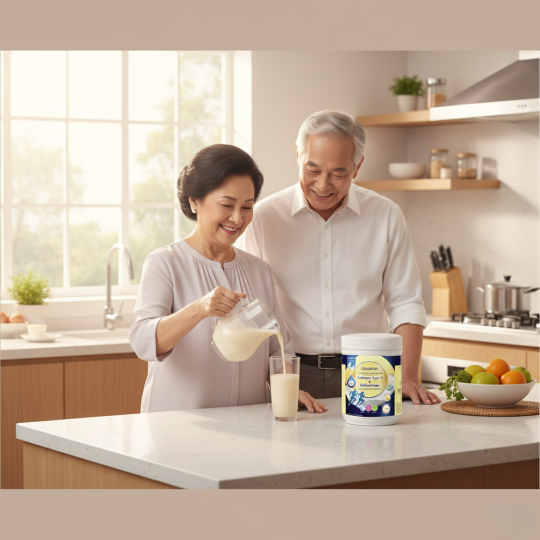 Two adults in a bright kitchen preparing a once-daily vanilla drink routine.