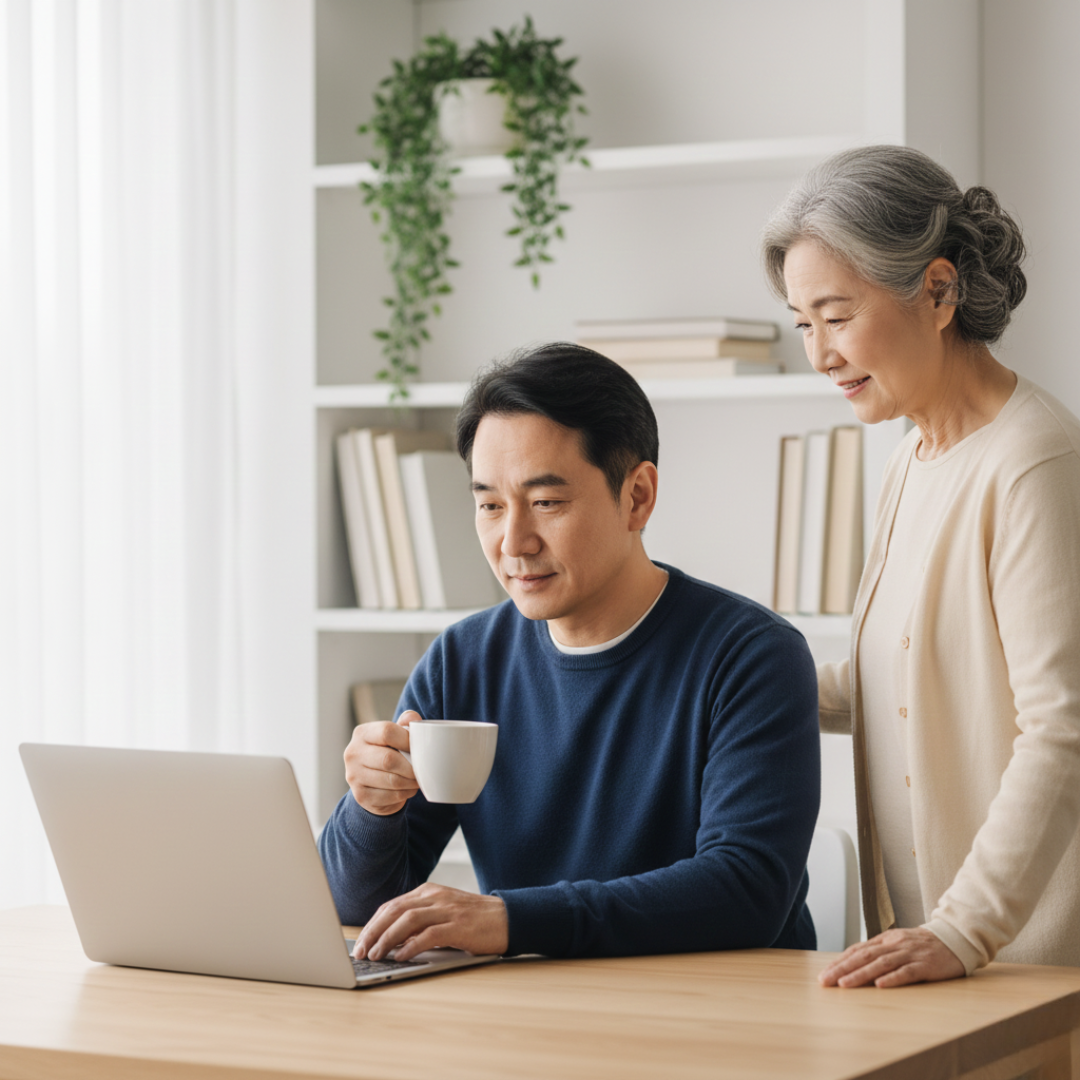 Busy adult working with a drink nearby.