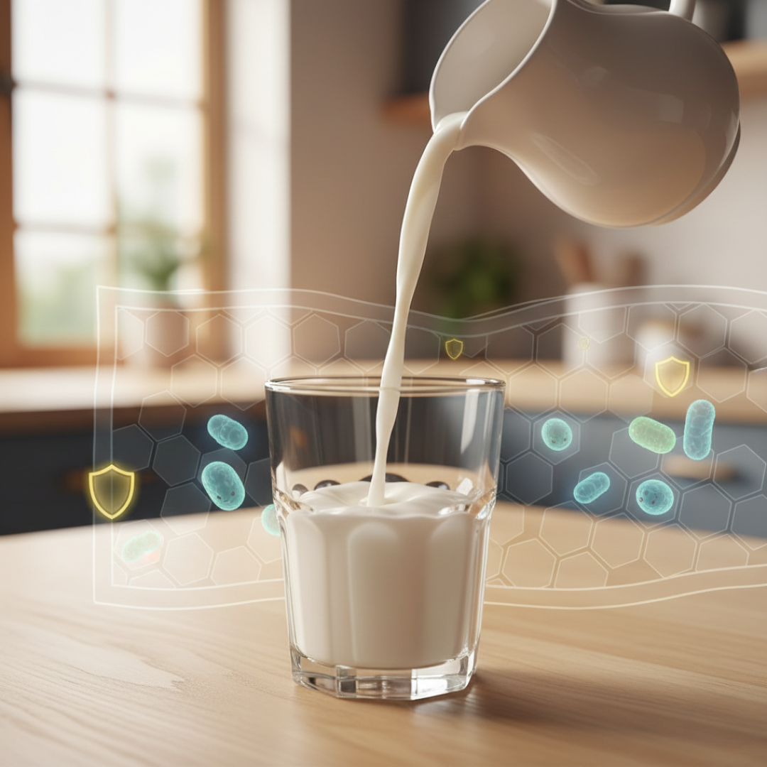 Creamy drink with gentle icons representing gut comfort and immune routine support.