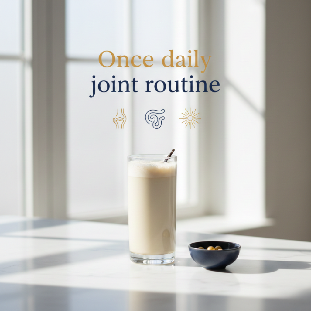 Creamy vanilla once-daily joint supplement drink routine in a glass on a kitchen counter.