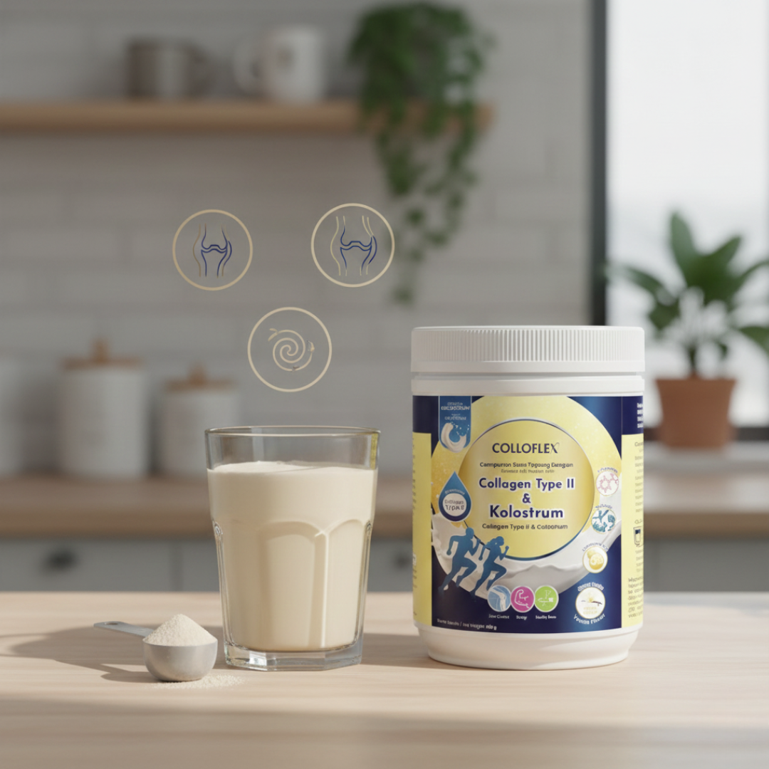 ColloFlex vanilla drink with powder scoop and can, representing the once-daily 4-in-1 routine.