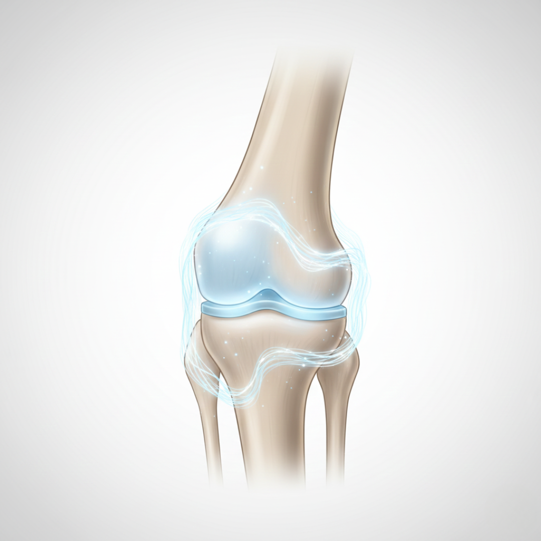 A simplified knee joint illustration representing cartilage and collagen support.