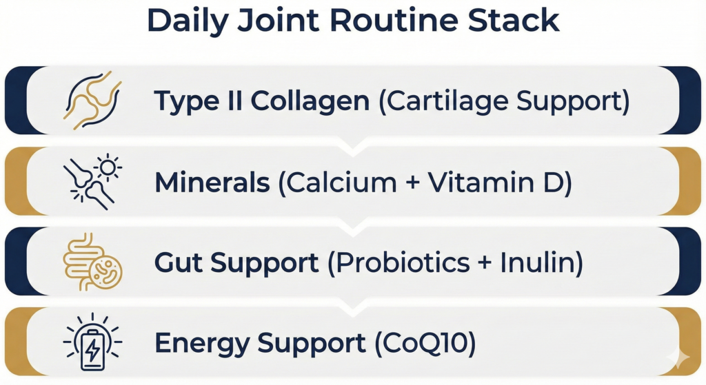 Infographic showing key parts of a once-daily joint routine: cartilage, minerals, gut support, and energy support.