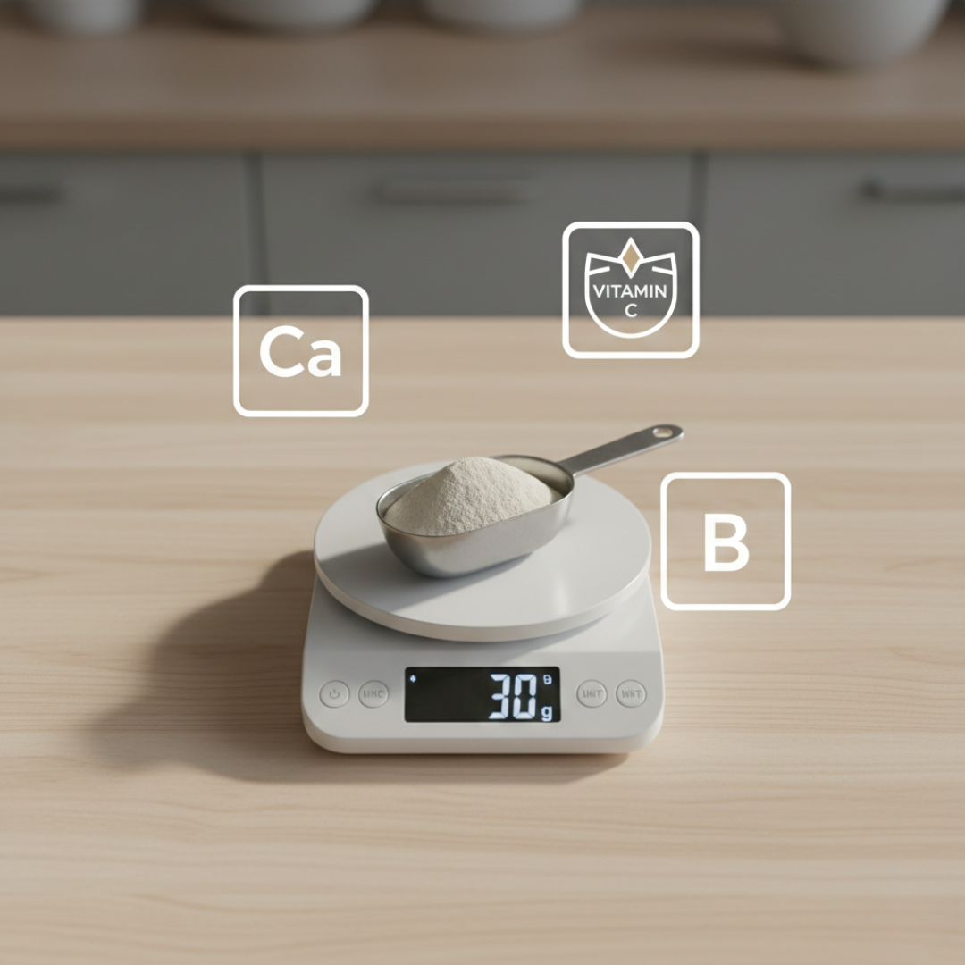 A 30 g scoop of ColloFlex powder on a kitchen scale, representing the once-daily serving.