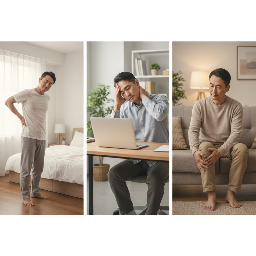 An adult shown through morning, midday, and evening moments to represent daily joint stiffness and tiredness.