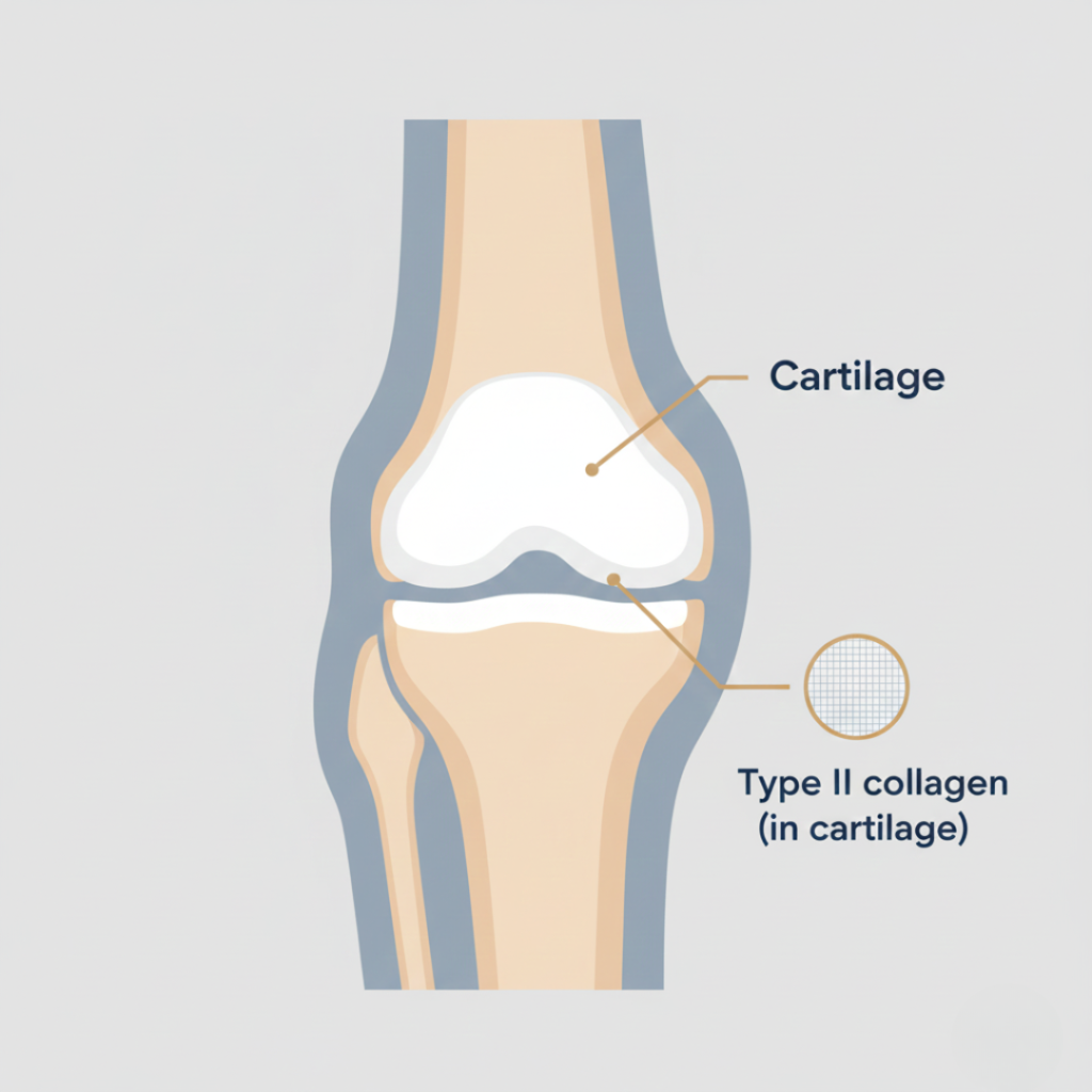 Simple illustration showing cartilage in a knee joint and where type II collagen is found